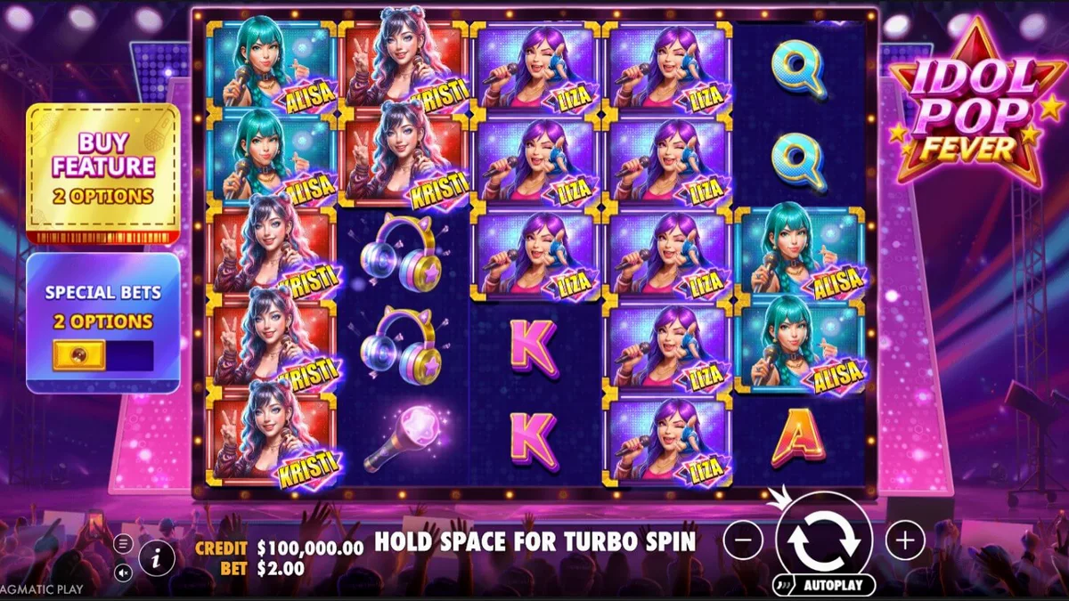 Interface vibrante e neon do slot Idol Pop Fever com ícones de banda pop.